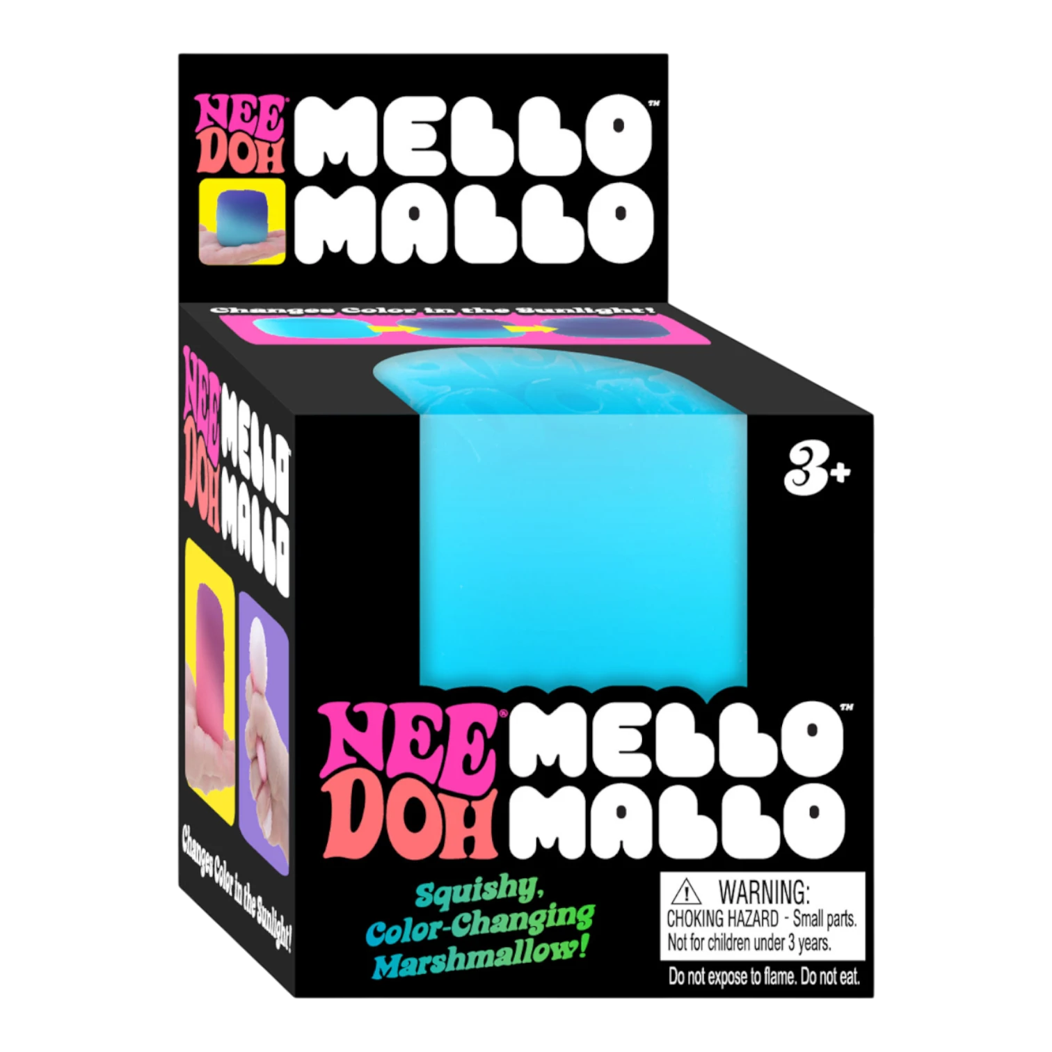 Squish Planet NeeDoh Mello Mallo squishy fidget toy, a blue marshmallow-shaped sensory toy that changes color in sunlight.